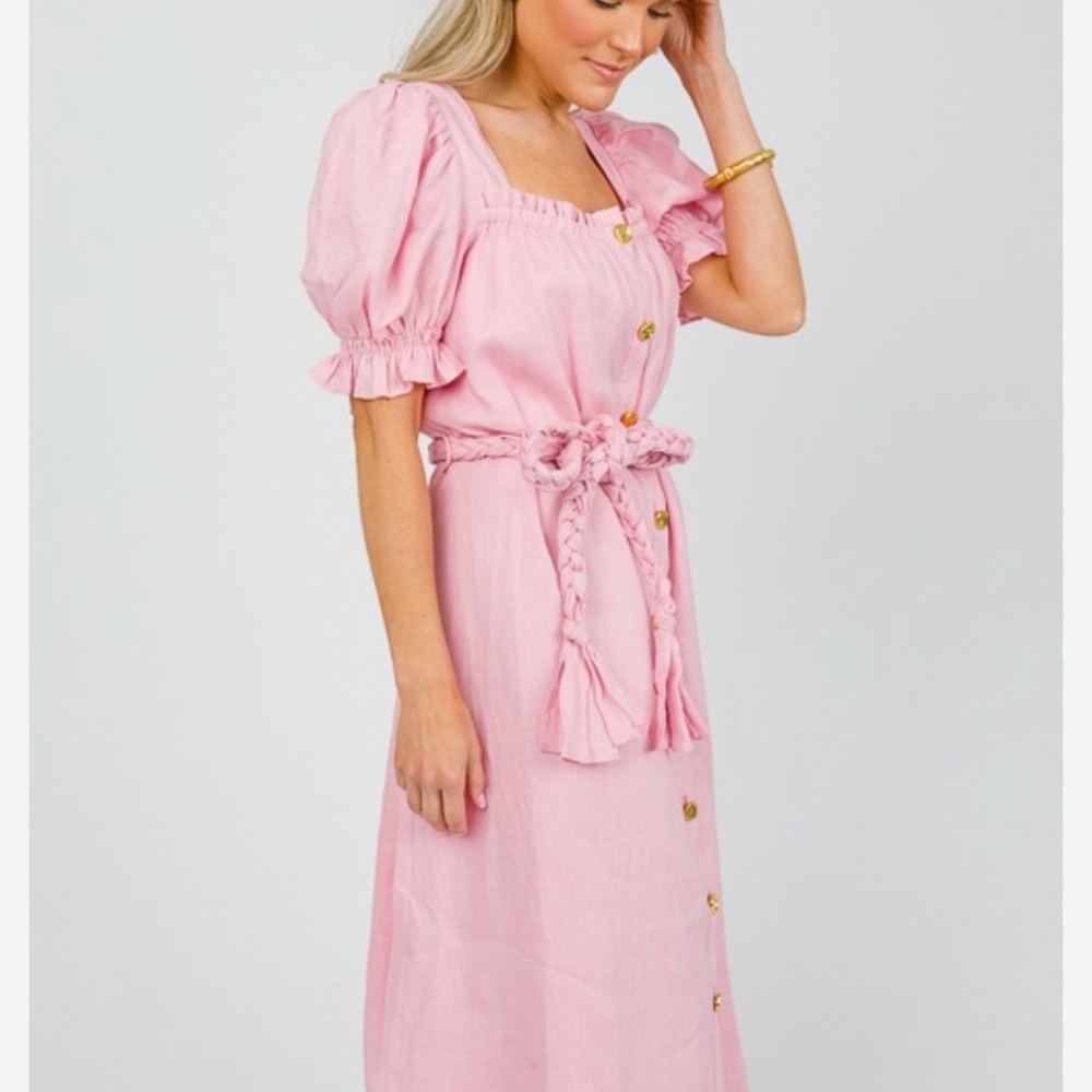 ENGLISH FACTORY Puff Sleeve Button
Front Linen Dress In Pink Size L